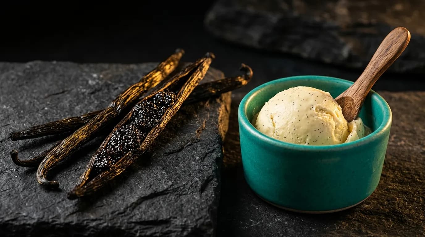 Selbstgemachtes cremiges Vanilleeis mit sichtbaren Vanillepunkten aus Ceylon-Vanilleschoten