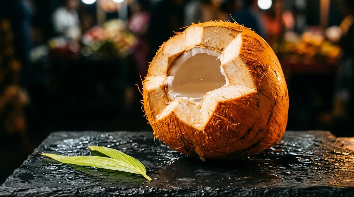 King Coconut Water aus Sri Lanka -- goldorange Kokosnuss mit Nahrstoffprofil