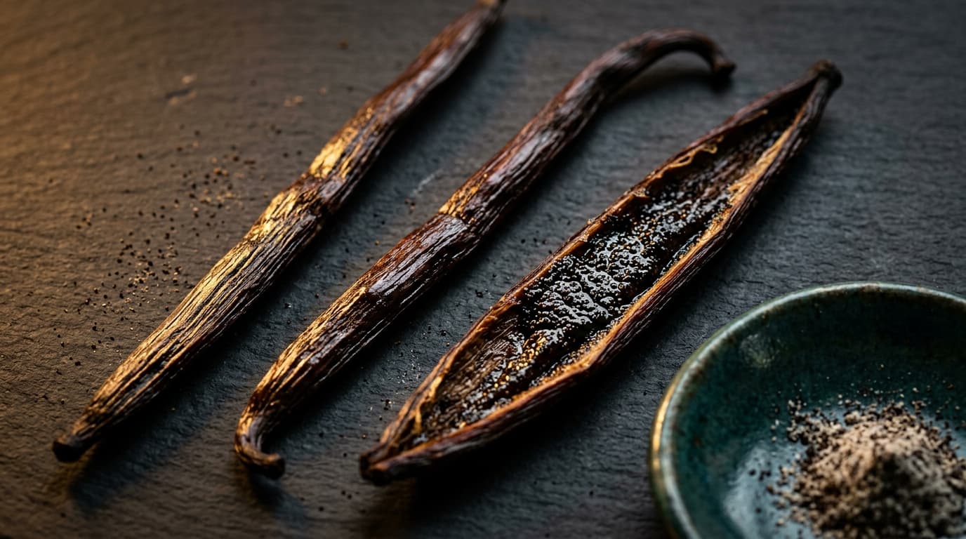Three Ceylon vanilla pods on dark slate, one split lengthwise revealing glistening seed caviar