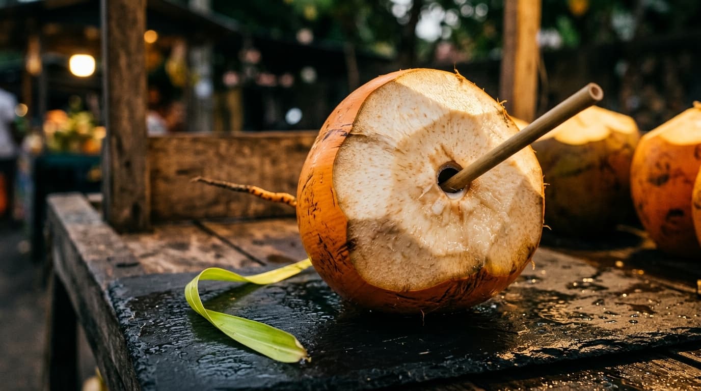 King coconut with bamboo straw on a Sri Lankan vendor stall in evening light