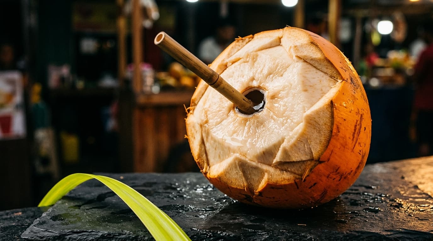 King coconut with faceted machete cut and bamboo straw in front of a Sri Lankan vendor stall