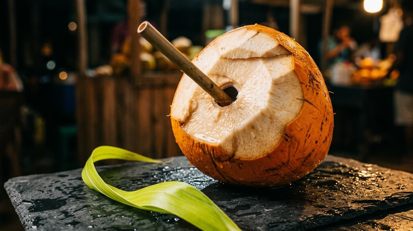 King coconut cut Sri Lankan street-vendor style with bamboo straw on a wet slate slab