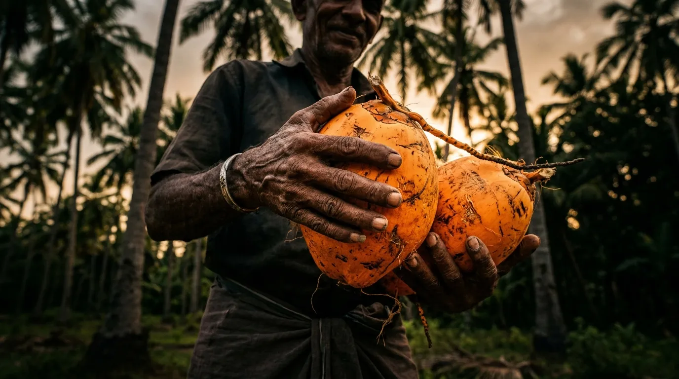 Frisch geerntete King Coconut (Thambili) in den Händen eines sri-lankischen Bauern — Anbauregion Kurunegala — PONDI