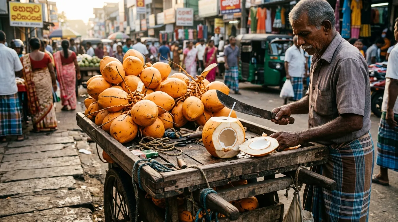 Thambili-Verkaufsstand in Sri Lanka — frisch aufgeschlagene King Coconut mit hellem Fruchtfleisch — traditionelle Straßenkultur