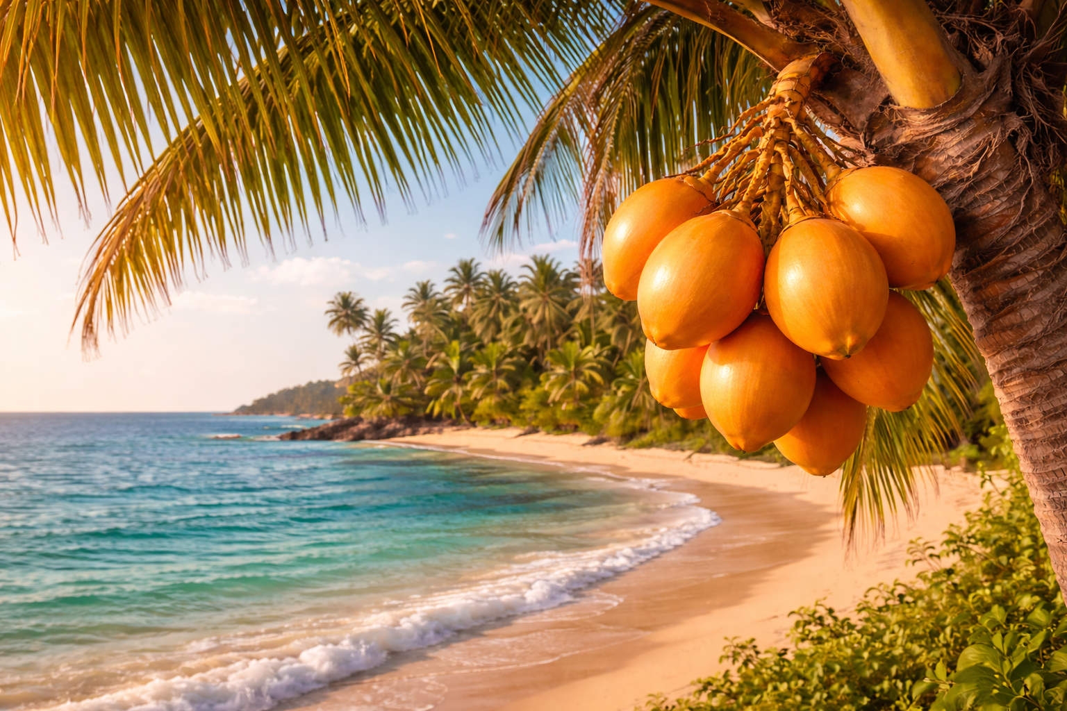 Coconuts growing on a palm tree